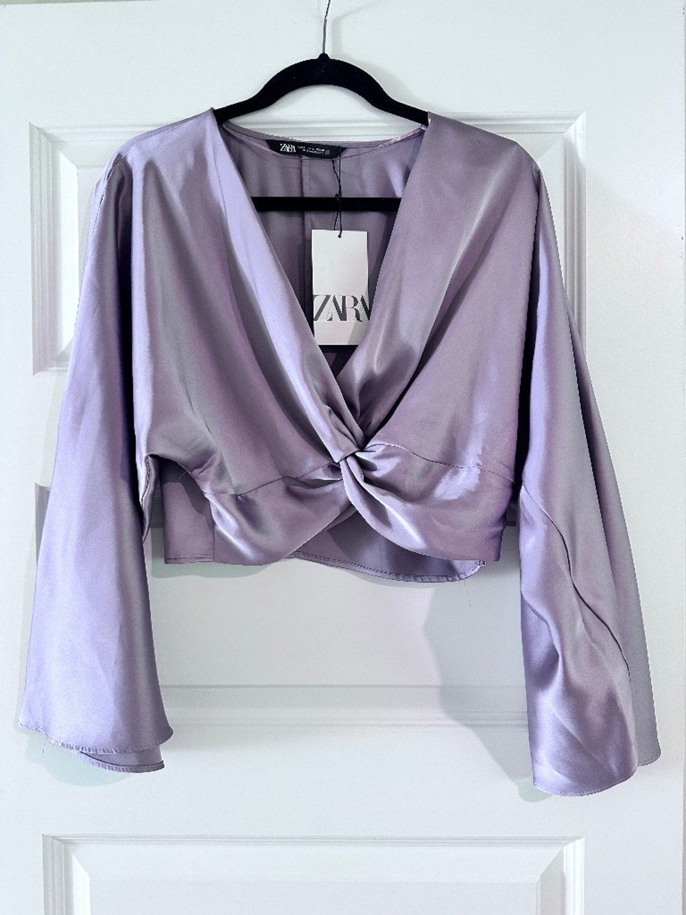 Zara lilac satin-effect knot front cropped top, size L, brand new with tags